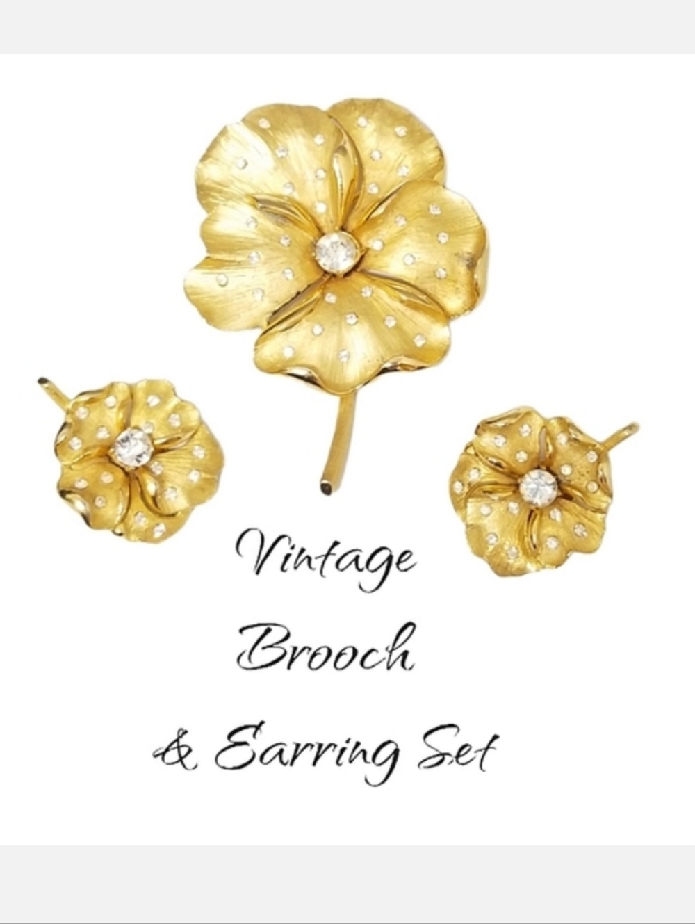Vintage Brooch & Clip Earring Set Gold-tone Pave Rhinestone Floral Collectible